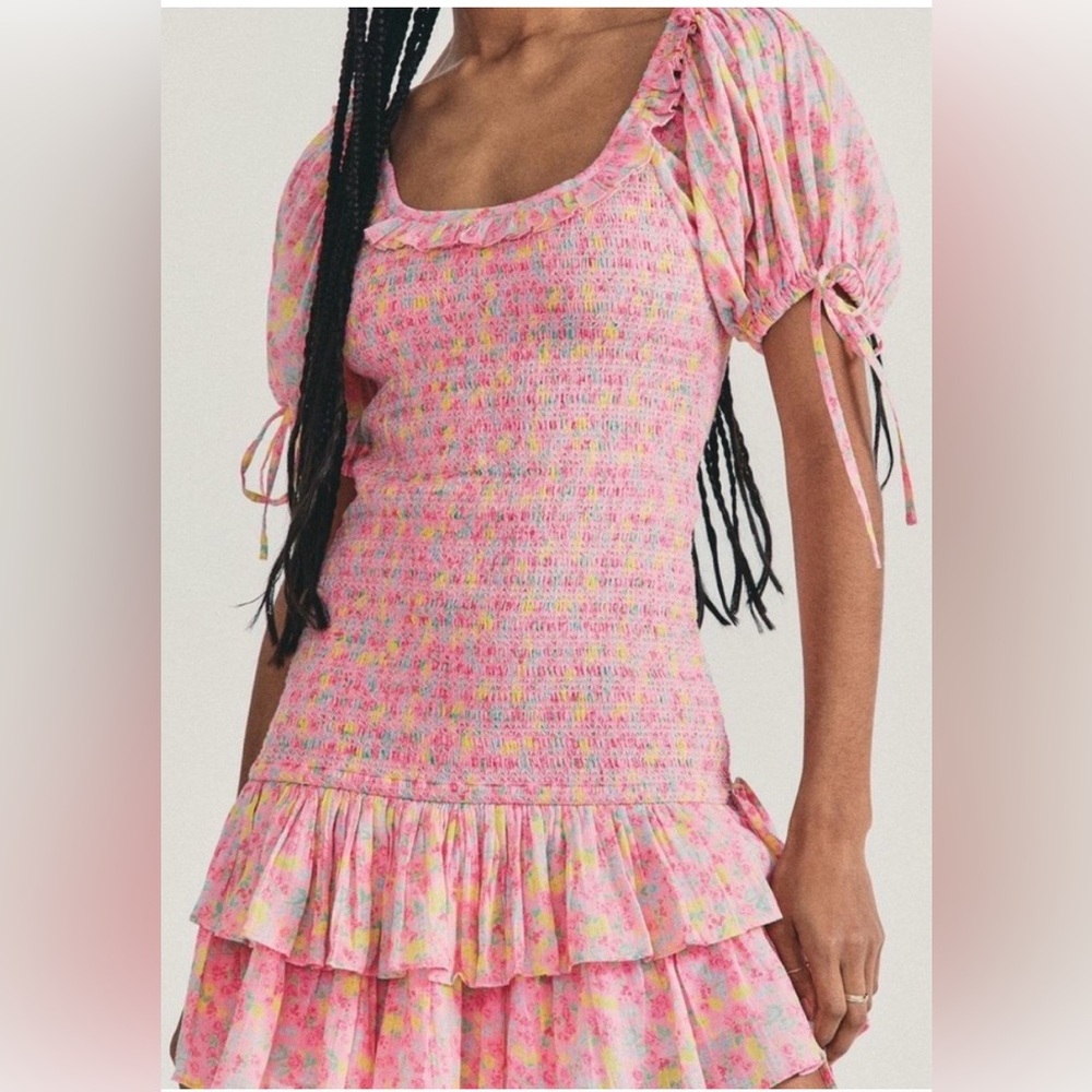 LoveShackFancy Pink Floral Smocked Ruffle Dress